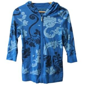 Aeropostale Blue Floral 3/4 Sleeve Full Zip Hoodie Sweater Large